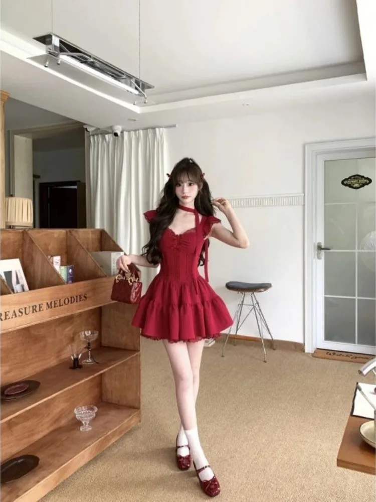 Korean Fashion Y2k Red Elegant Party Wedding Dresses Woman Clothing Holiday Lace Short Mini Dresses Summer One-piece Dress 2025