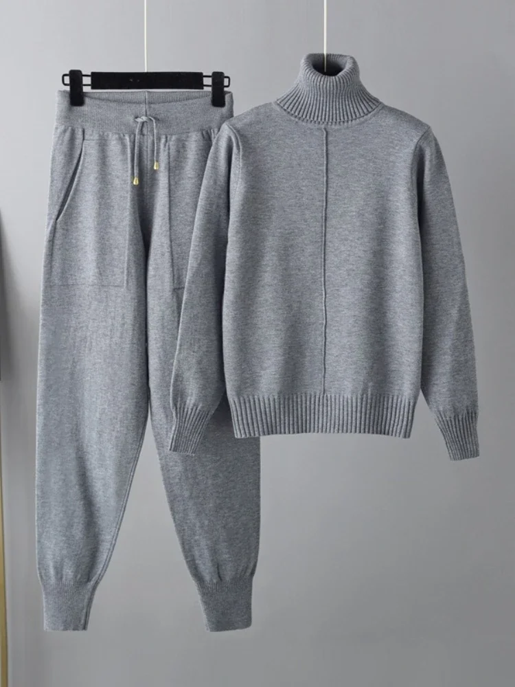

2025 New European and American Autumn and Winter Casual Pant Sets Turtleneck Solid Color Pullover Sweater Knitted Two-piece Set