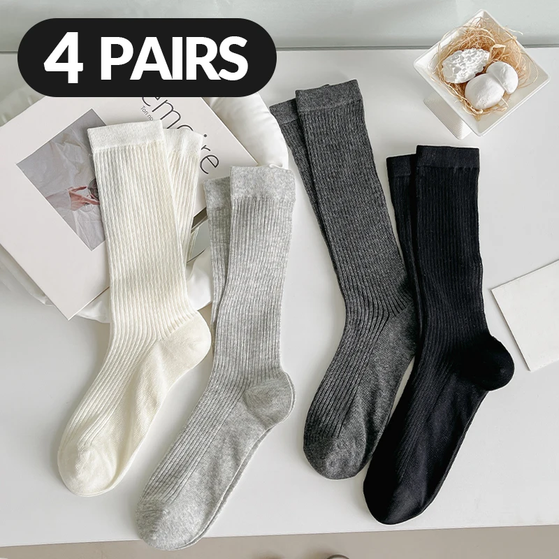 

Носки женские хлопковые однотонные, Простые Модные дышащие носки средней длины в стиле колледжа, 4 пары, на весну-осень, лето