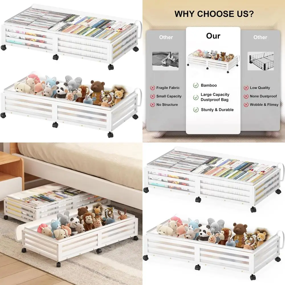 

Бамбуковые контейнеры для хранения под кроватью на колесиках — 2 больших колеса и пылезащитных контейнера для обуви, одежды, одеял и многого другого (белые)