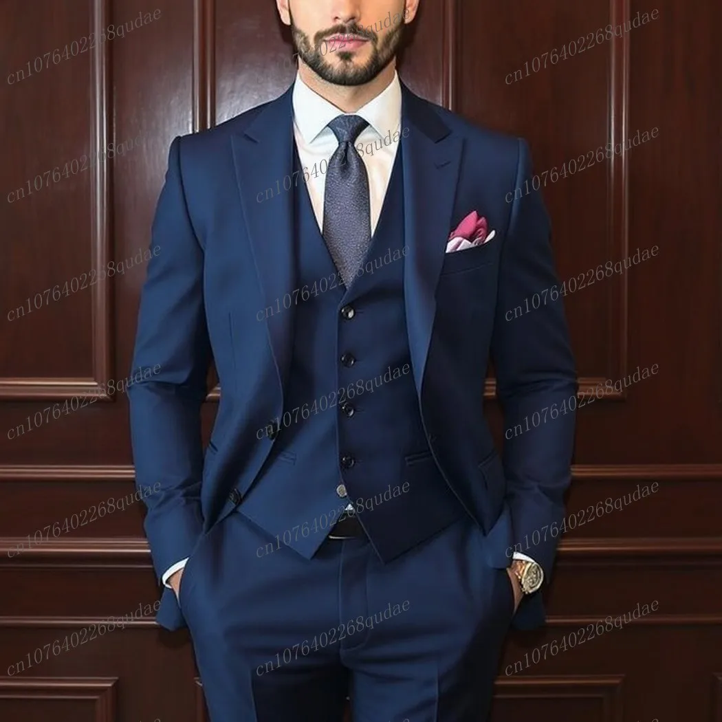 Navy Blue Formal Occasion Men Suit Wedding Party Groom Groomsman Male Business Tuxedos Costume 3 Piece Set Blazer Vest Pants