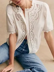 White Women Short Sleeve Blouse Embroidery Stand Collar Single Breasted Lace Hollow Out Ladies Casual Shirt 2024 Summer