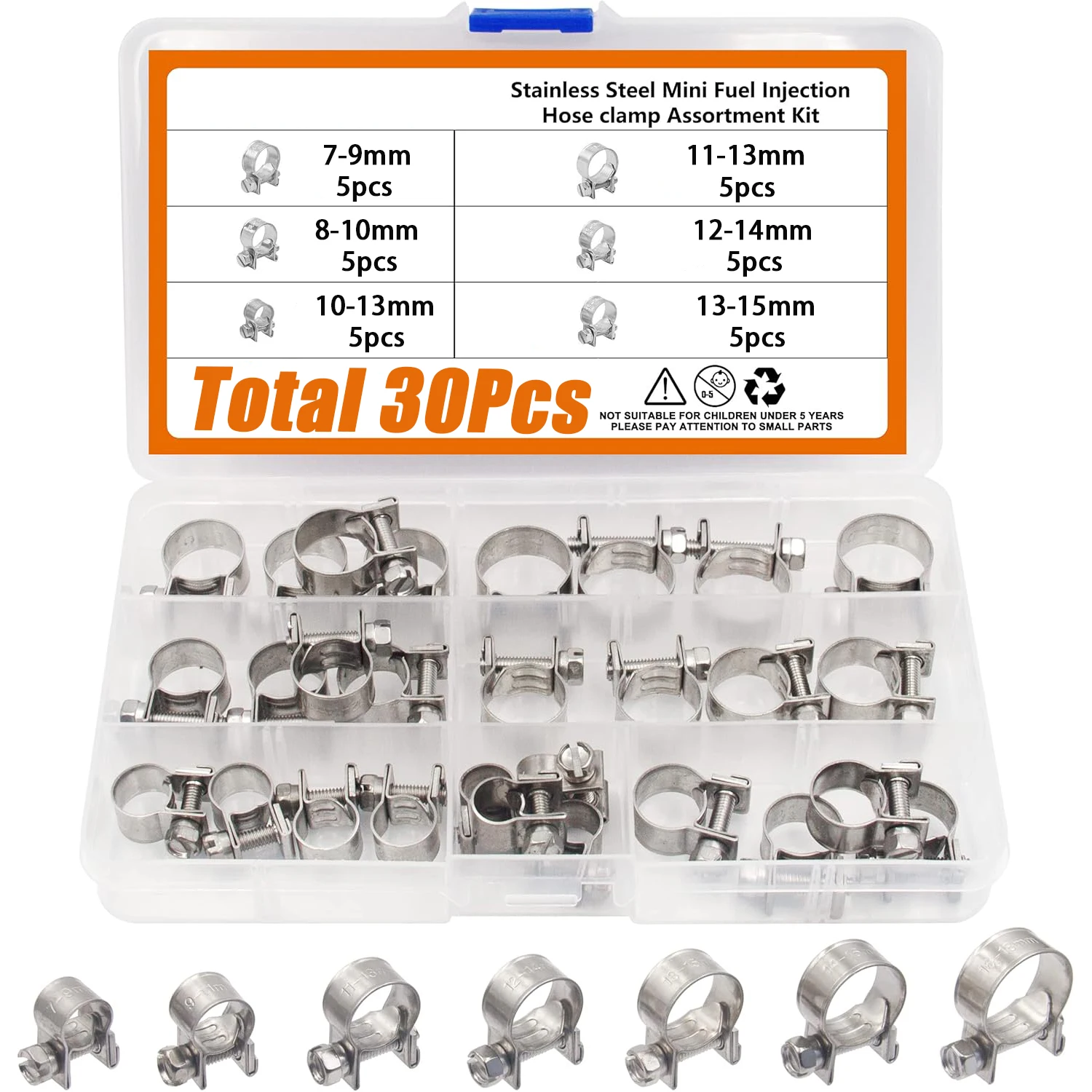 

30Pcs 7mm to 15mm (6 Sizes) Zinc Plated Carbon steel Mini Fuel Injection Style Hose Clamp Assortment Kit for Diesel Petrol Pipe