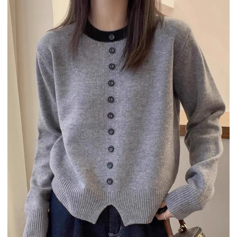 Ladies' Fashion French Base Sweater Top Autumn/Winter New Button Decoration Inner Knitted Women Clothing Grey Commuting Sweater