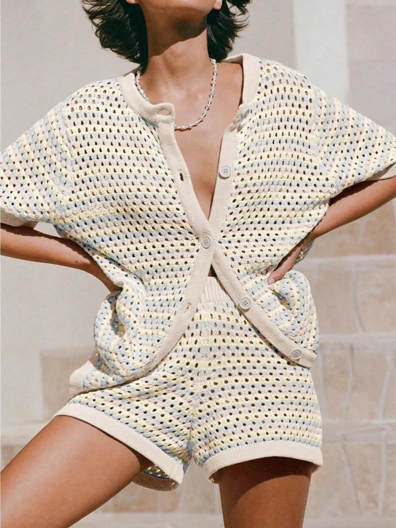 

Женский комплект для пляжного отдыха Fisoew в стиле бохо, вязаная крючком рубашка на пуговицах в полоску, летняя рубашка с коротким рукавом