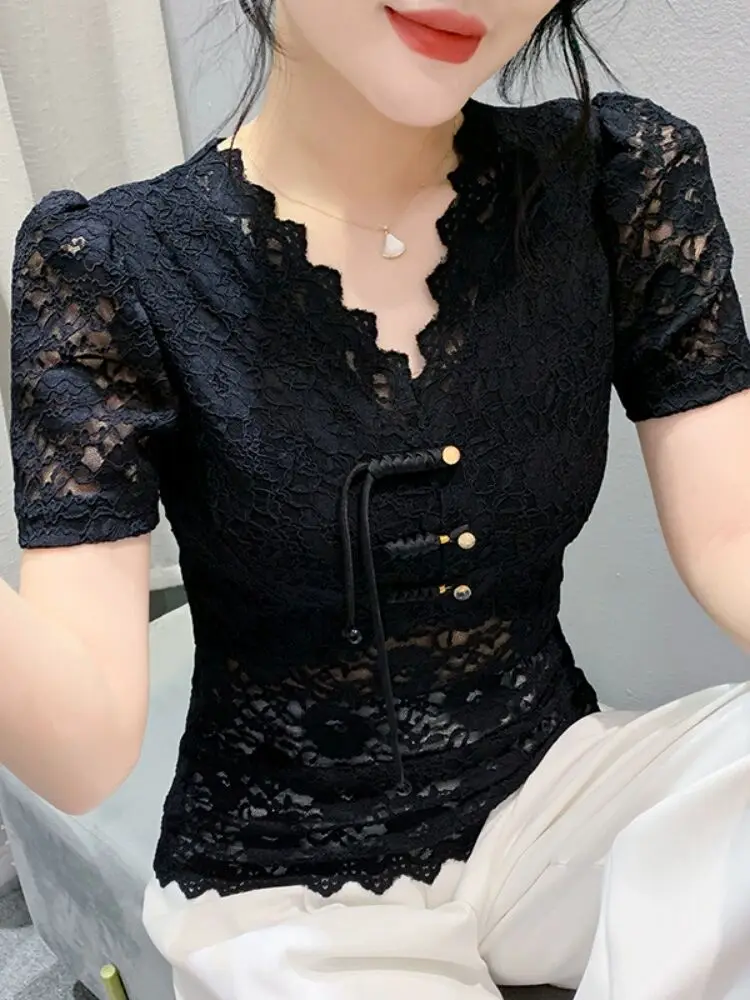 2024 V-neck Lace Female Spring Summer 3D Decoration Charming Solid Woman S-3XL Slim T-shirt Splicing Casual Short Sleeve