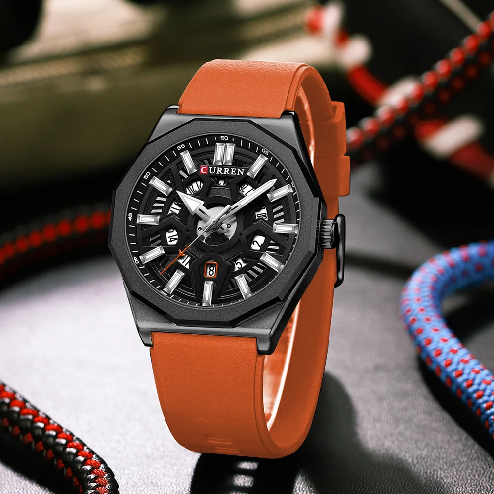 Reloj CURREN para hombre, relojes de pulsera de diseño a la moda para hombre, correas de silicona informales, reloj nuevo de cuarzo con fecha automática y manecillas luminosas