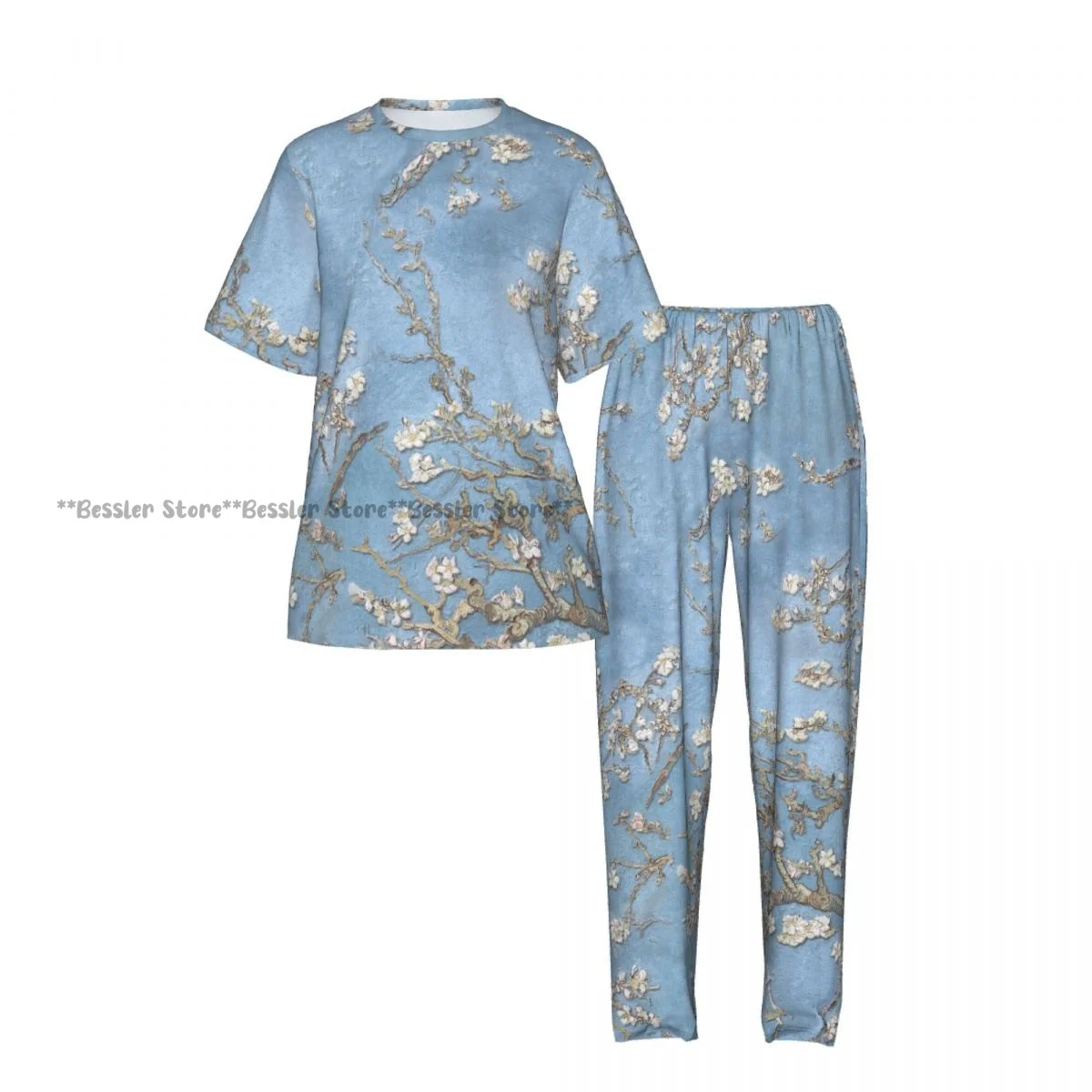 Women Pajama Sets Lounge Sleepwear Blue Cherry Blossoms Short Sleeve Nightwear