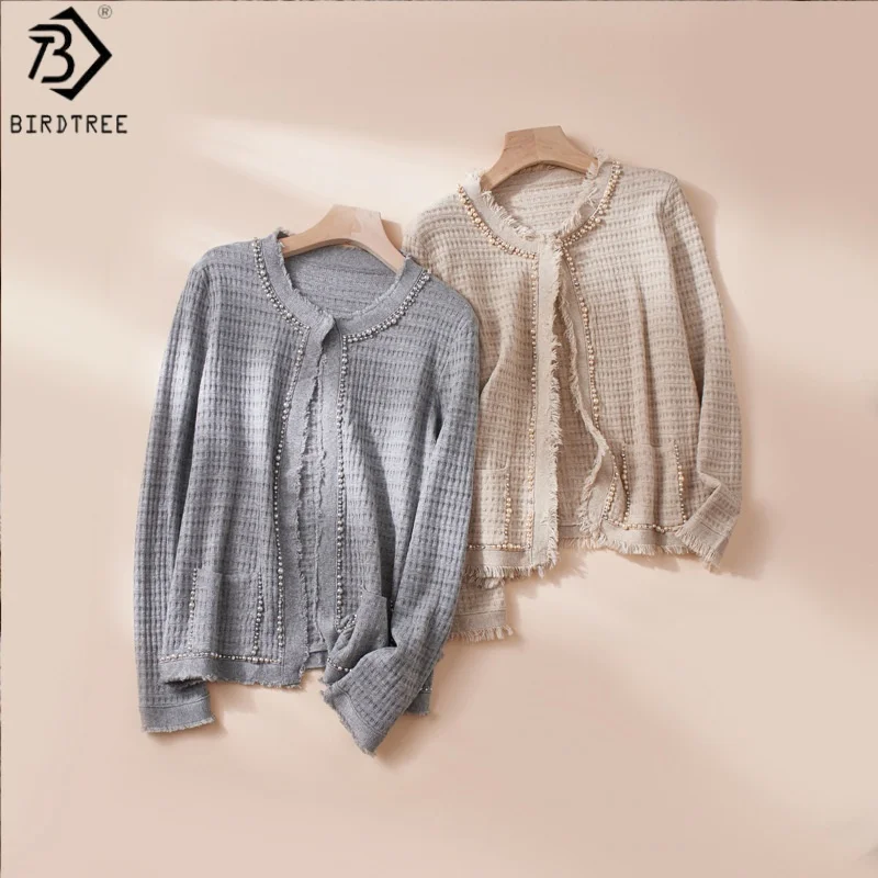 Birdtree, 69.6% Silk Knitted Cardigan, O-neck Long Sleeve Tops, Beading Tessel Blouse, Women Solid Elegant 2026 Coat T69512JF