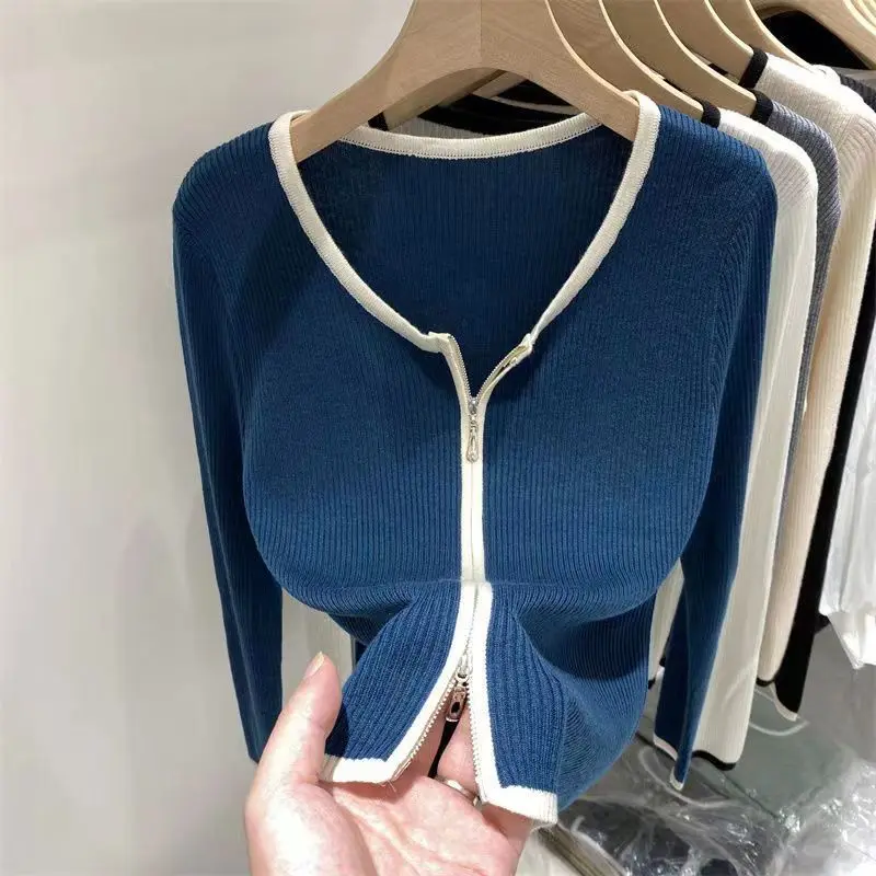 Knitting Cardigan Female Autumn Temperament Top Tee 2024 New Bottoming Shirt Fashion Zipper O-neck Long Sleeve Sweater Top Tee