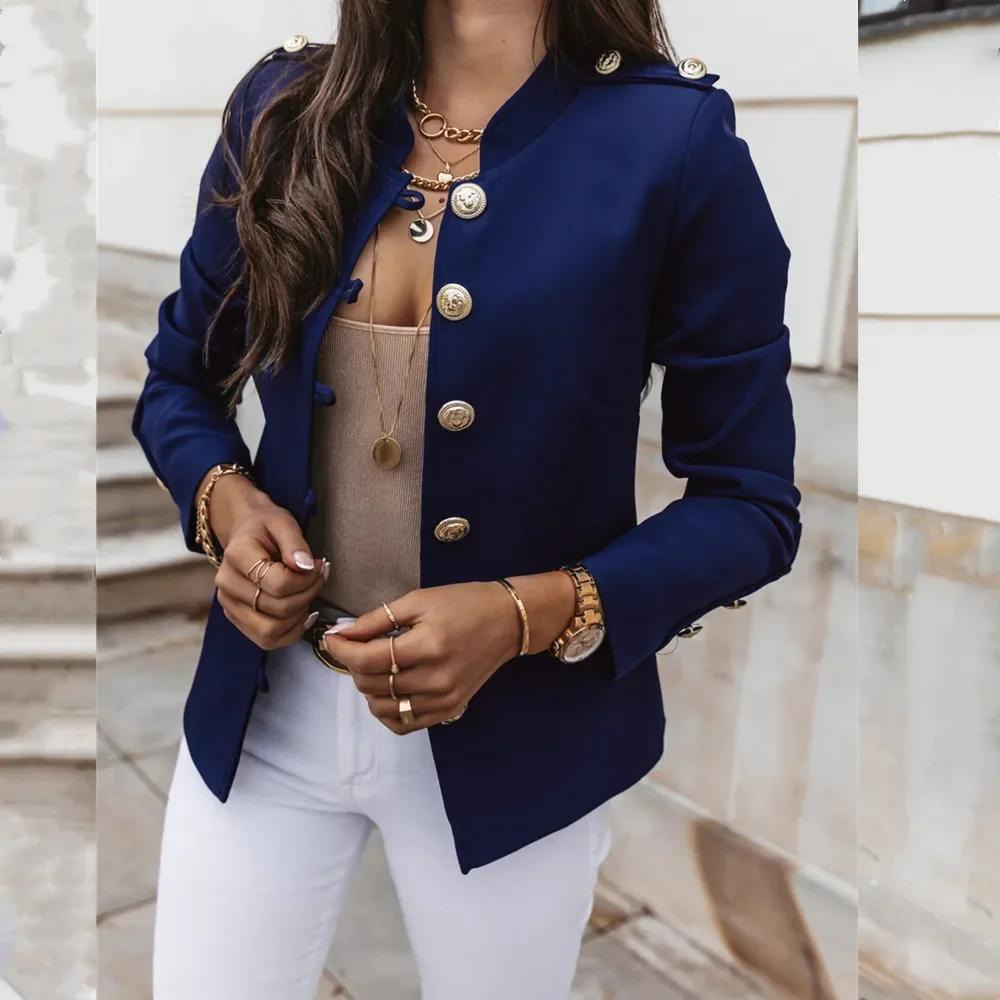 Blazer monocromático de manga comprida feminino, casaco caqui fino, casaco curto e quente, roupa de tweed para escritório, nova moda, outono e inverno, 2023