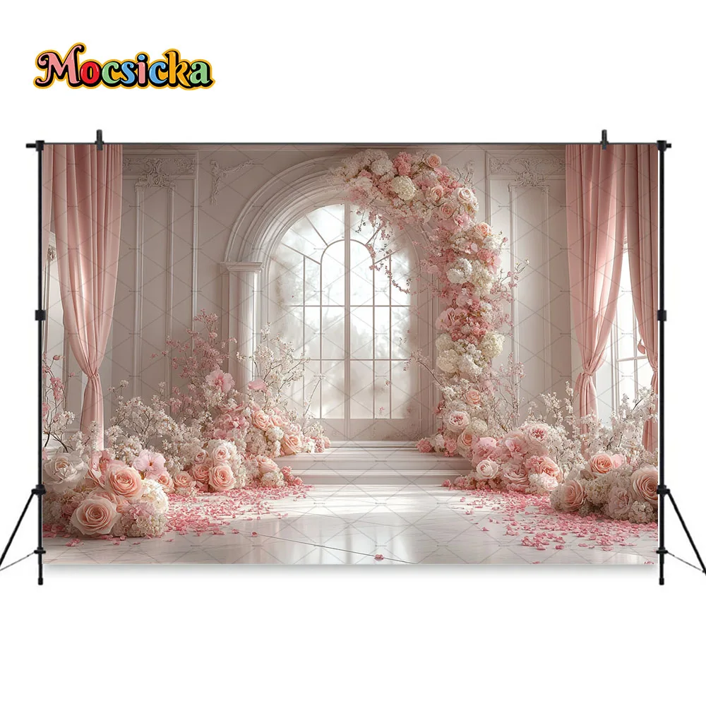 Mocsicka Pink Floral Wedding Background Photography Arch Window Church Curtain Backdrop Girl Birthday Party Photo Studio Booth