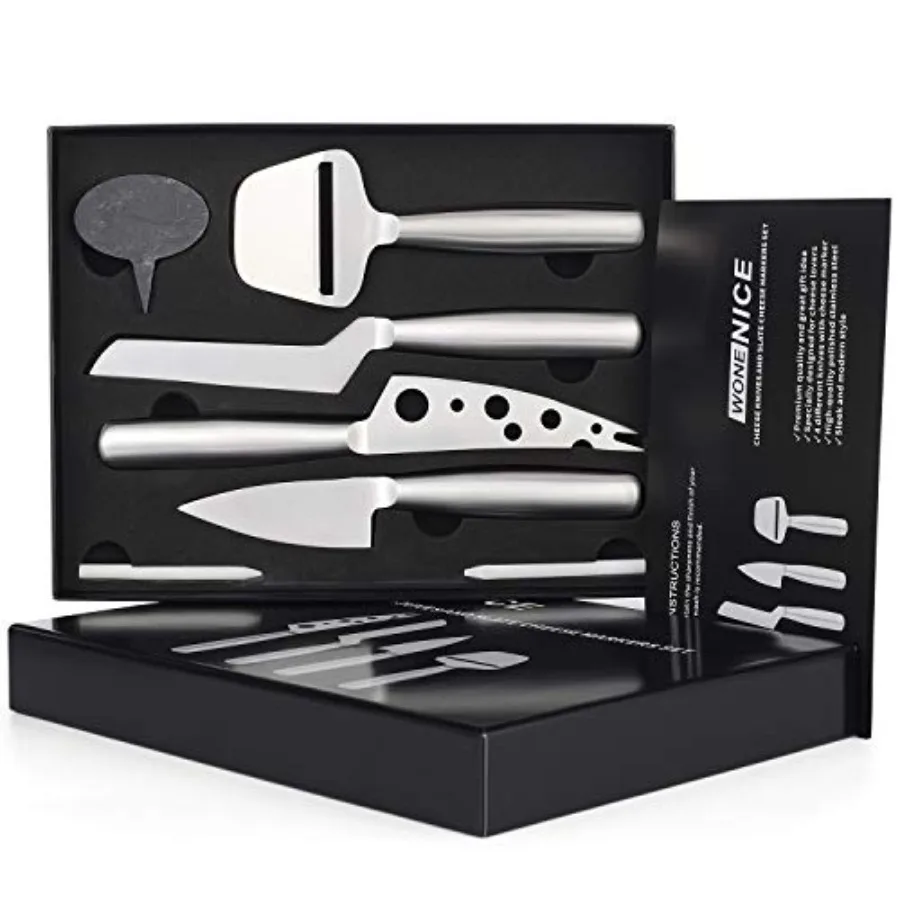 

Cheese Knife Set 4Piece Stainless Steel Knives with Cheese Markers for Serving Hard Soft and Blue Cheeses NonStick Surface Dish