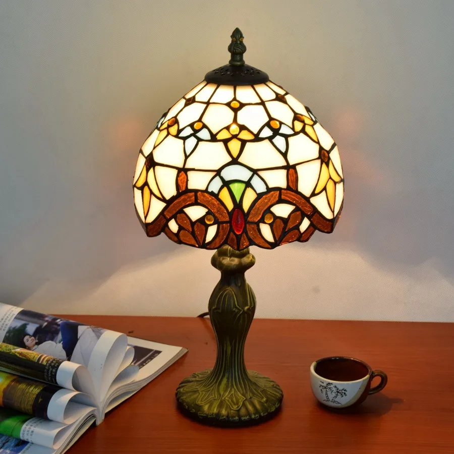 Small Tiffany Table Lamp, 8 inch Baroque Style Stained Glass Lamp for Bedroom Living Room Home Office, Handcrafted Light