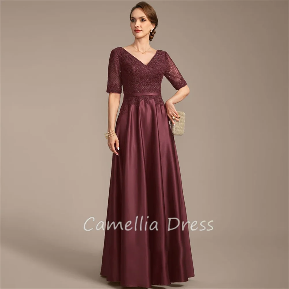 New V Neck Mother Of The Bride Dress A Line Floor-Length Satin Lace With Sequins Formal Dresses Vestidos Mae Da Noiva Casamentos