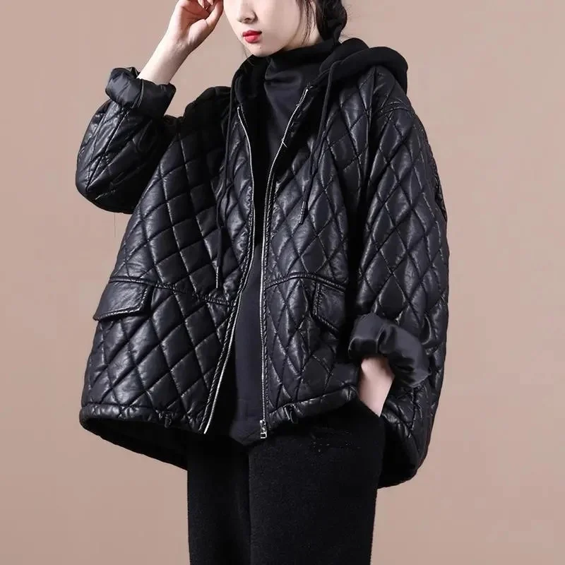 Korean Loose Oversized Women Cotton Padded Jacket Thicke Quilted Warm Autumn Winter Jacket Hooded Outerwear Female Parkas Black