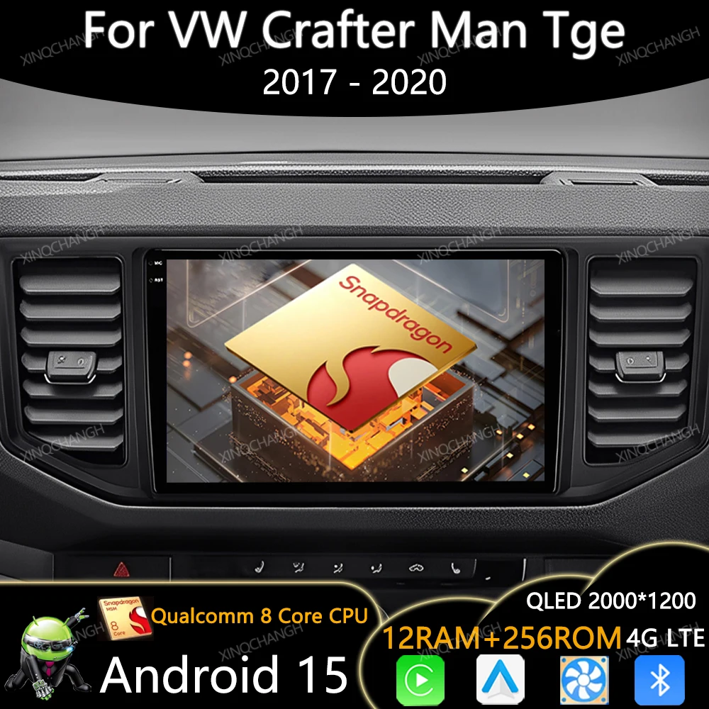 Android 15 Car Radio For VW Crafter Man Tge 2017 2018 2019 2020 QLED GPS 4G LTE 5G WIFI Head Unit Qualcomm 2DIN BT Carplay Auto