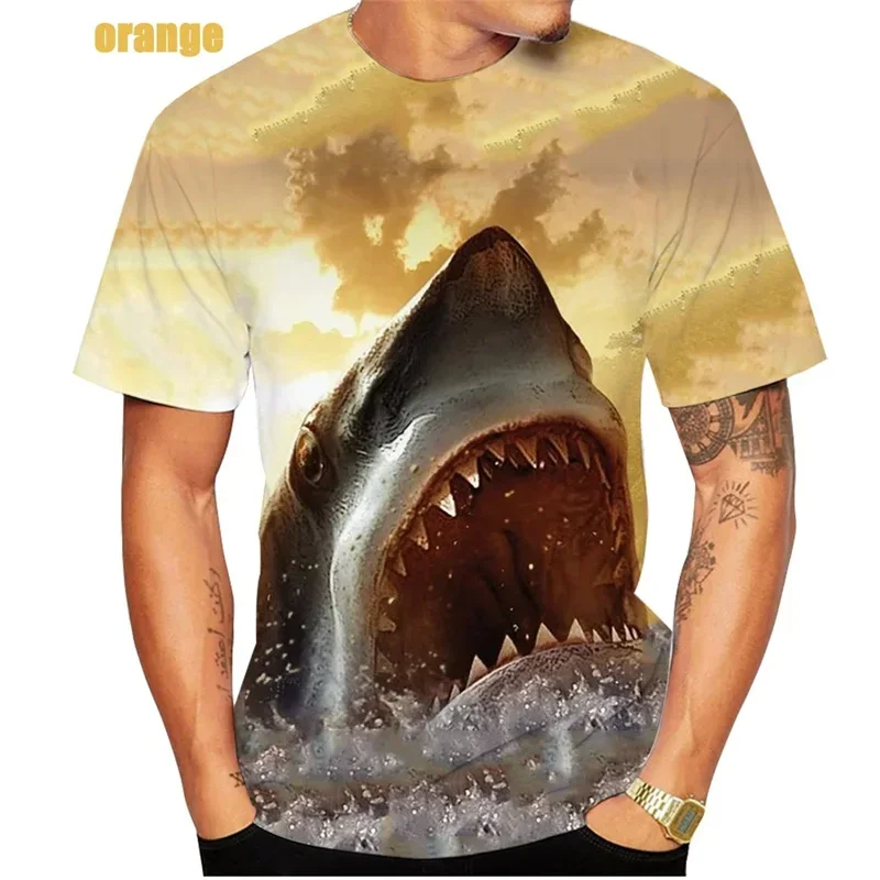 Camisetas de talla grande con estampado 3D de animales del océano, camisetas informales a la moda con cuello redondo, camisetas de calle de manga corta, camiseta de tiburón Horrible para hombres