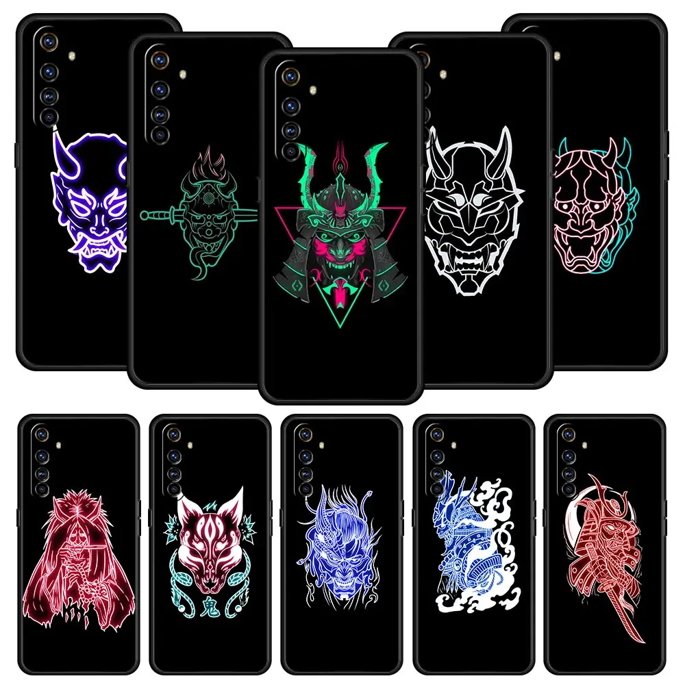 Samurai Oni Mask neon For Realme GT Neo 2 3 3T Phone Case For Realme 10 9 8 5G 7 6 GT2 Pro Plus 9i 8i C21 C11 C25 C35 Soft Cover