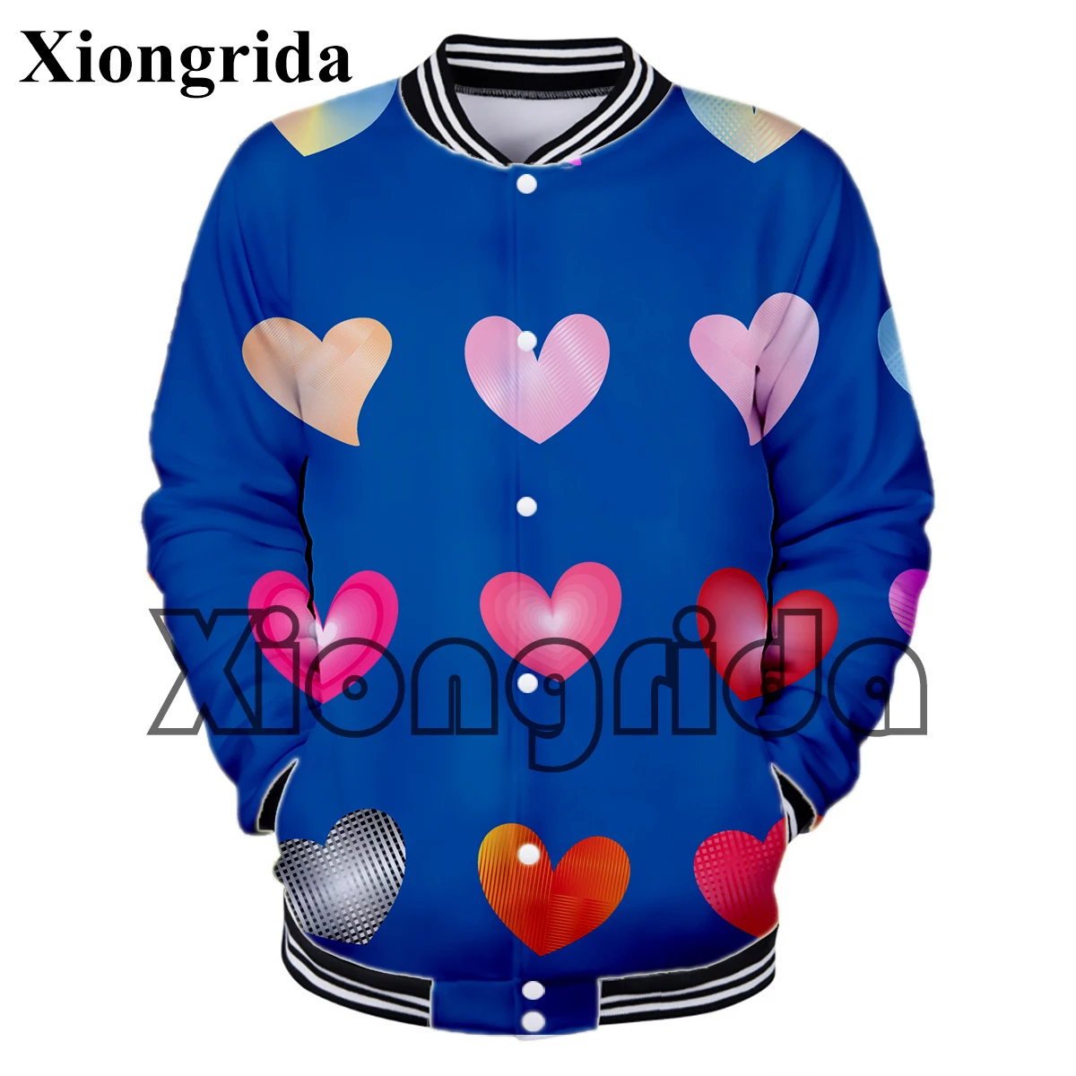 Valentine's Day Love Heart Print Baseball Uniform Men Fashion Color Print Jacket Loose Casual Male Coat Top Hip Hop Streetwear