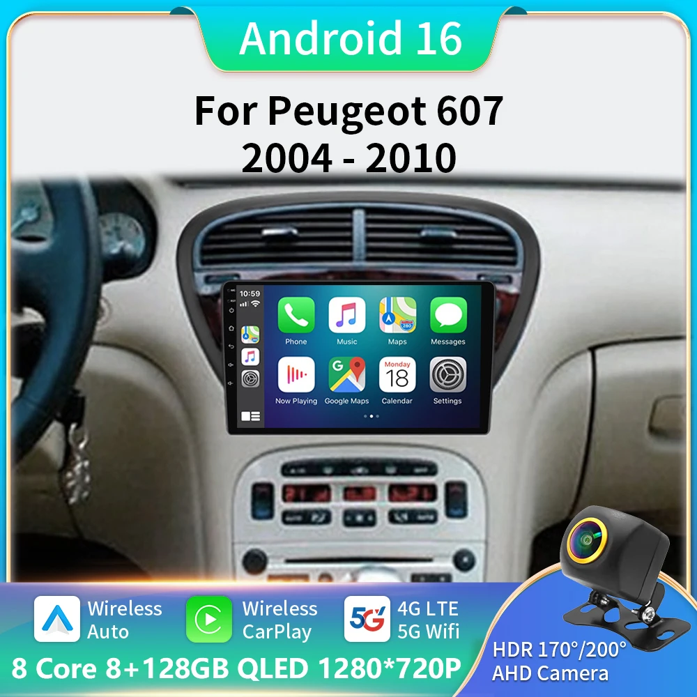 Android 16 Car Radio Multimedia Player For Peugeot 607 2004-2010 Auto Carplay Car Stereo DSP wifi+5G Ai voice 2 Din BT Head Unit