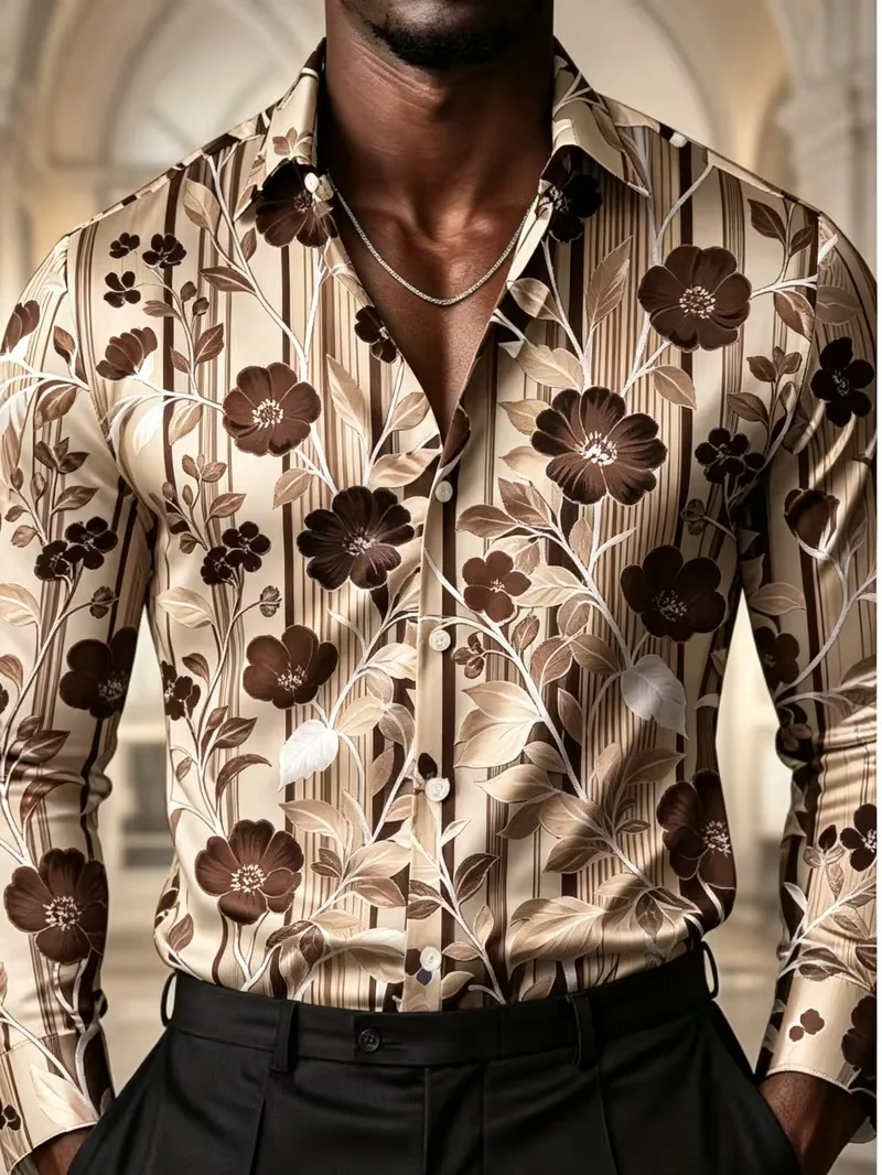 New khaki mandala lotus totem 3D printed shirt with exotic ethnic style men's loose long sleeved shirt