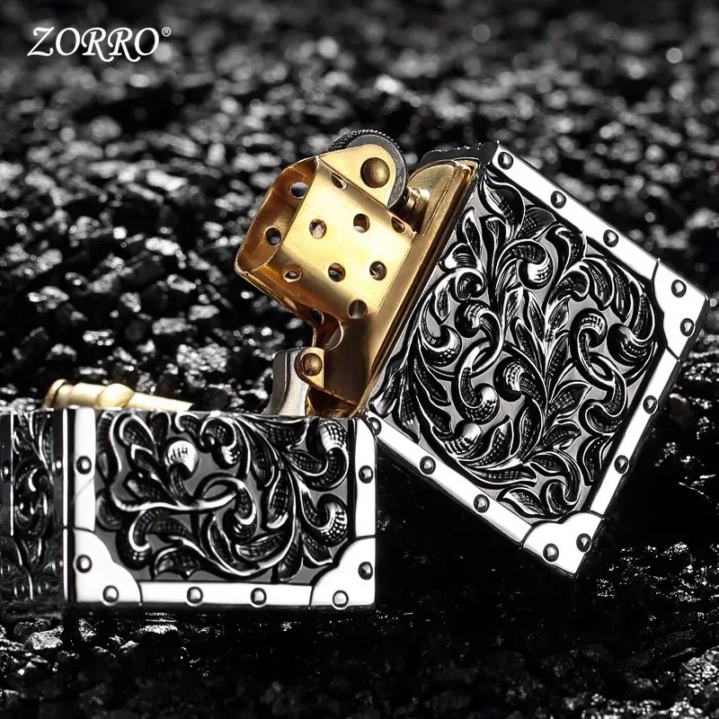 2024 New Zorro Brand Pure Copper Five-sided Arabesque Carving Pattern Windproof Kerosene Lighter Armor Men\'s Collection Gift