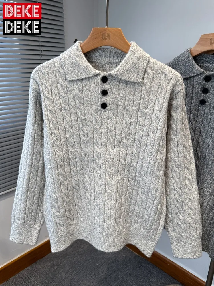 

Turndown Collar Classic Casual Mens Pullover Sweater Fashion Autumn Winter Knitwear Long Sleeve Solid Color Knitted Tops Male