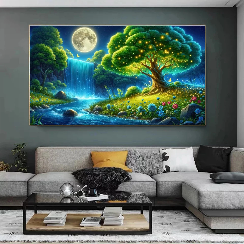 Large DIY Green Tree of Life 5D Diamond Painting Art Waterfall Moon Landscape Mosaic Diamond Embroidery Home Decoration Picture