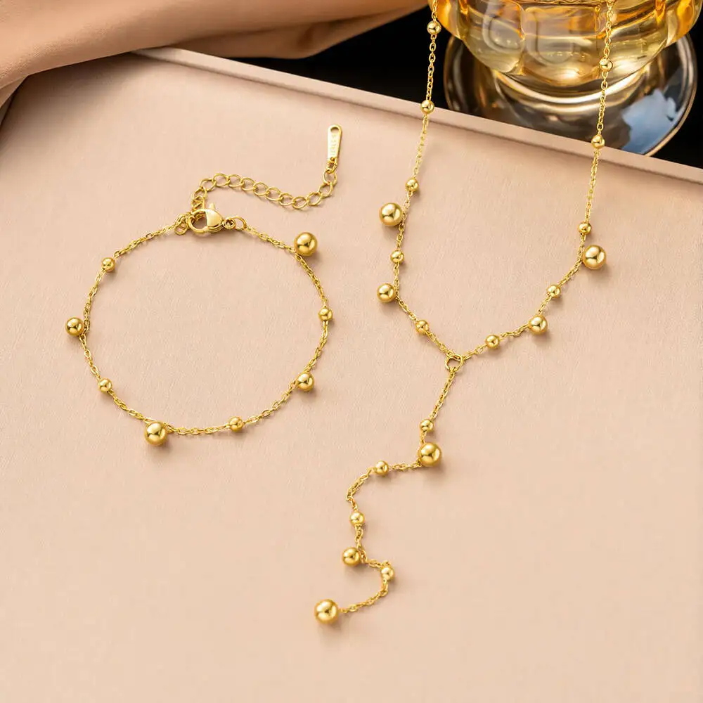 Stainless Steel Jewelry Set Y Drop Beaded Necklace Bracelet Anklet 18K Gold Plated Waterproof Daily Beach Jewellery For Women