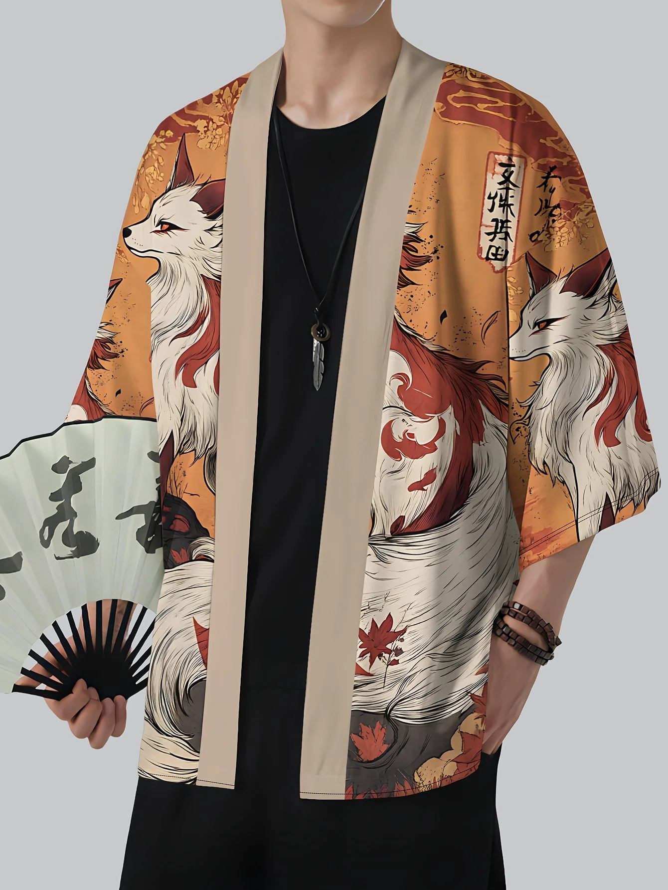 

2026 Summer New Men's Kimono with 3D Cartoon Fox Pattern Print - Fashionable Outdoor Comfortable Lightweight Soft