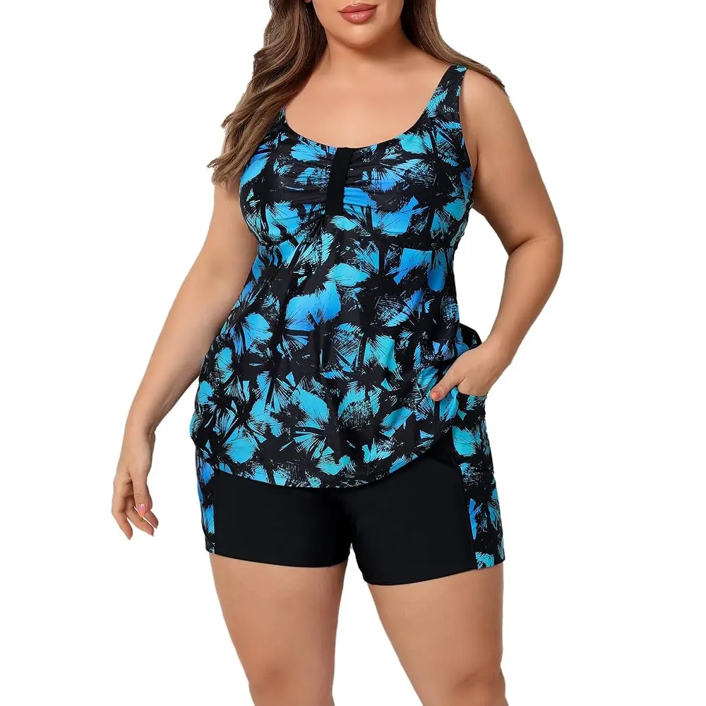 Women's Plus Size Two Piece Tankini Swimsuit with Pockets Tummy Control Bathing Suit with Boy Shorts