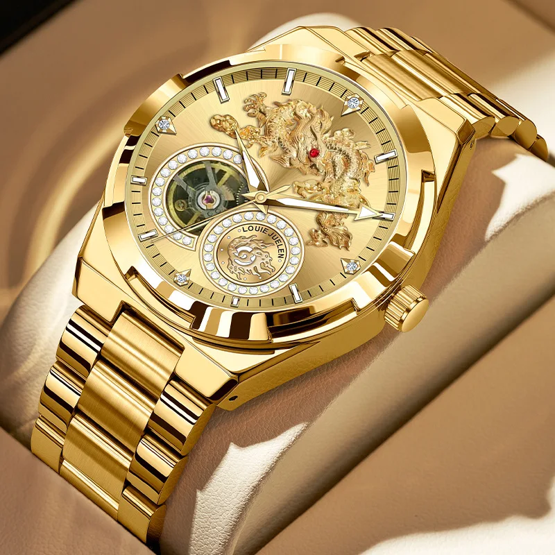 Stainless Steel New Gold Dragon Skeleton Luminous Waterproof Self-Wind Automatic Watch for Men