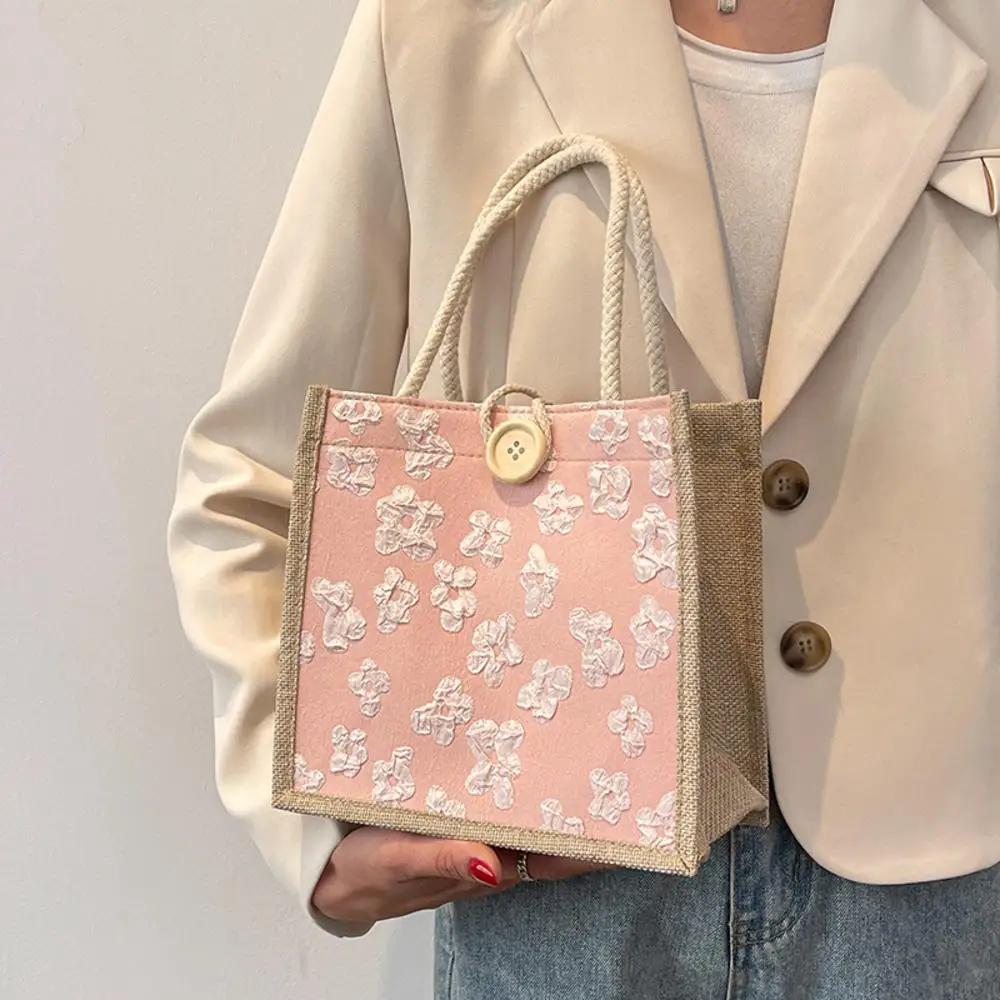 Bolso de mano de arpillera con estampado de flores para mujer, bolsa de lino con asa superior ecológica portátil, ideal para la playa y el verano