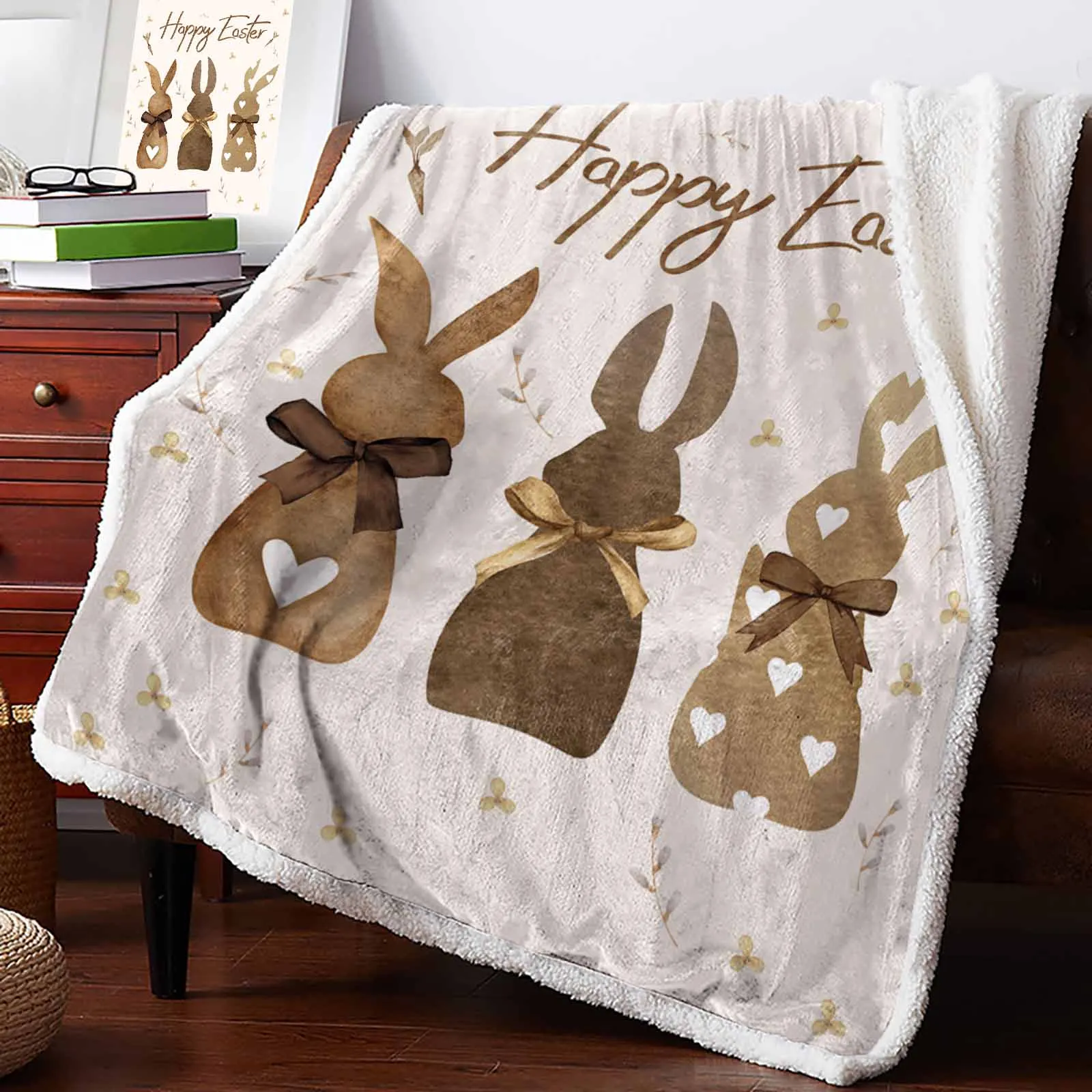 Easter Brown Plaid Rabbit Retro Cashmere Blanket Winter Warm Soft Throw Blankets for Beds Sofa Wool Blanket Bedspread