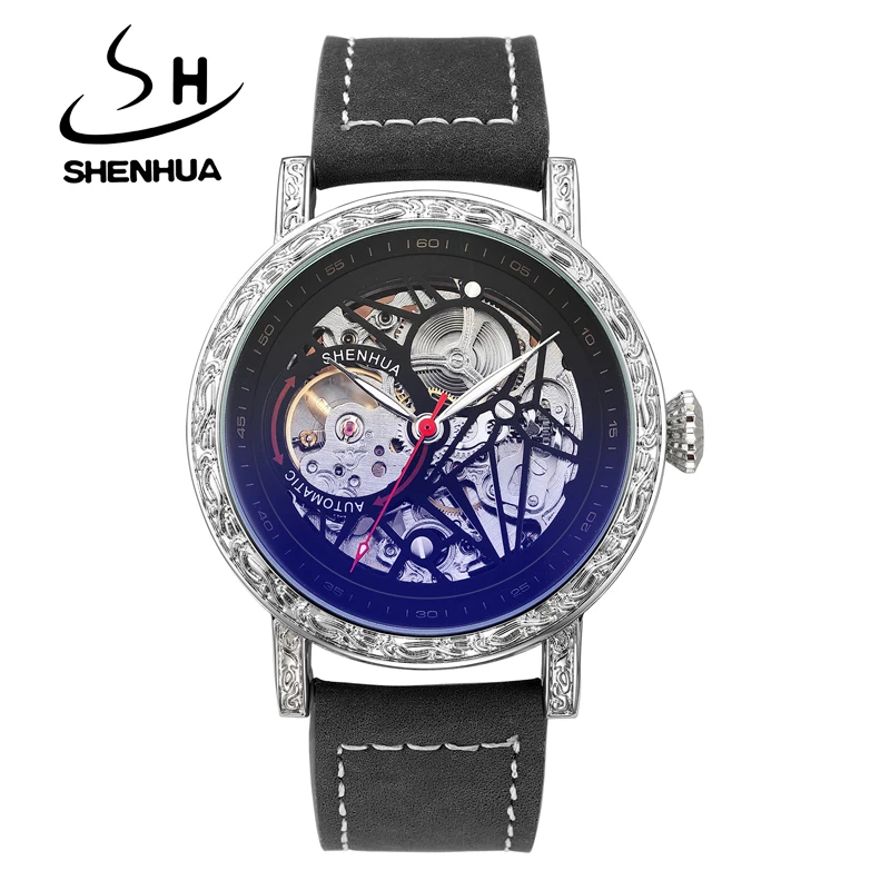 SHENHUA New Black Hollow-out Automatic Mechanical Watch Genuine Leather Strap Men Watch Blue Glass Luminous Waterproof Watches