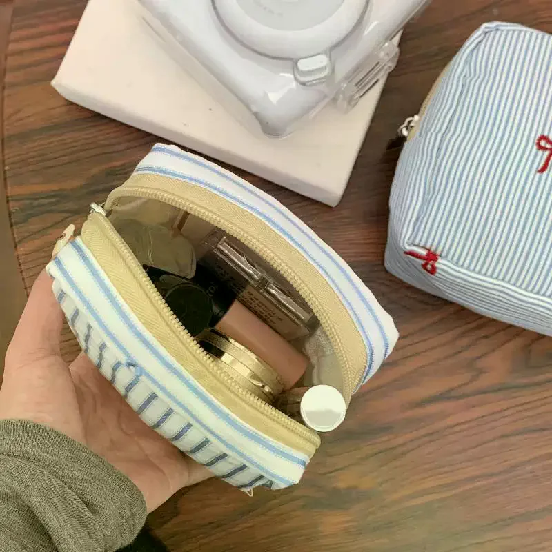 Striped Plaid Mini Makeup Bag Square Shape Multi-functional Lipstick Storage Pouch Zipper Closure Embroidered Cosmetic Bag Women