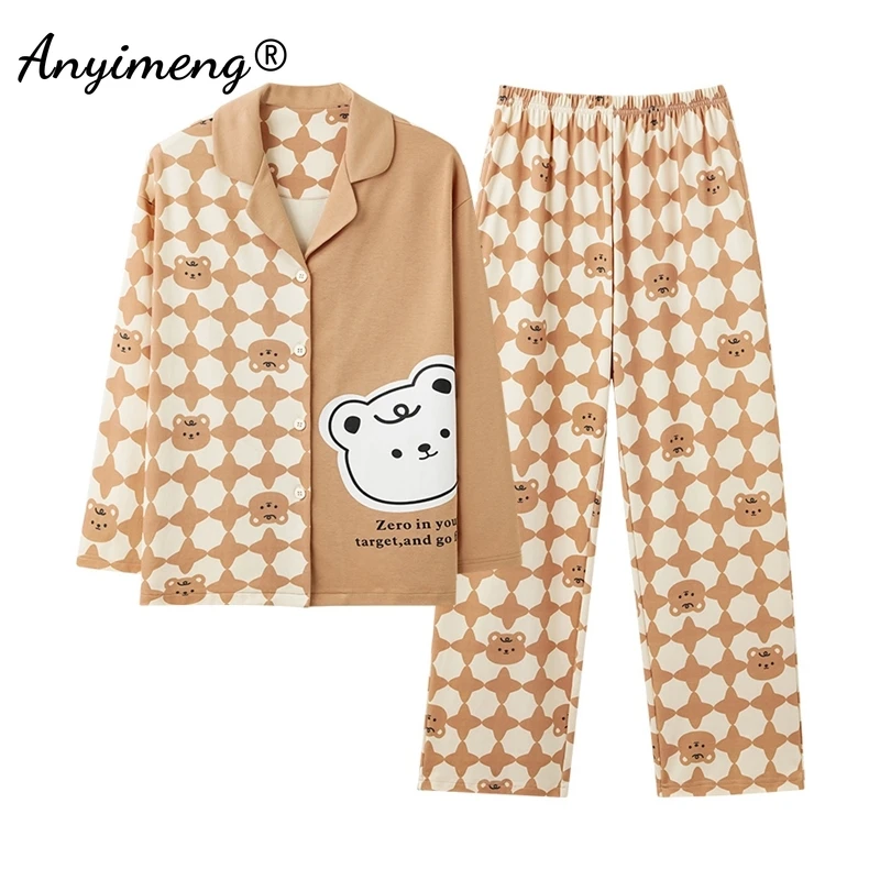 Cute Rabbit Print Pajama Autumn Winter Women Cotton Pajamas Long Sleeves Sleepwear Woman Cardigan Pijamas Lapel Japanese Pyjamas