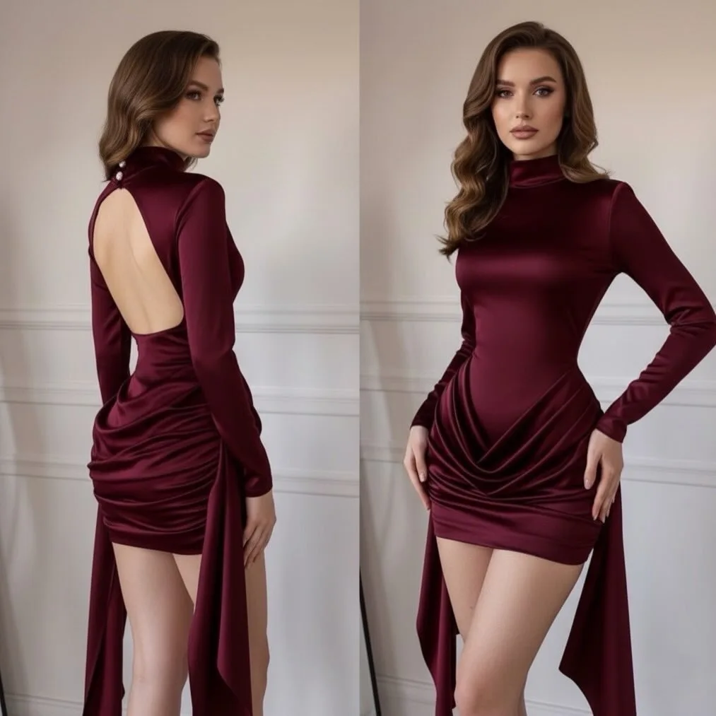 Sexy Backless High Neck Ruched Mini Dress Long Sleeve Satin Bodycon Dress with Draped Panel, Perfect for Evening Party
