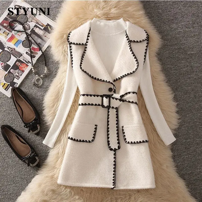 Woolen Vintage Turn-Down Collar High Waist With Belt Dresses Knitted Sweaters Pullover Two-piece Set Womens Dress Suit 2024