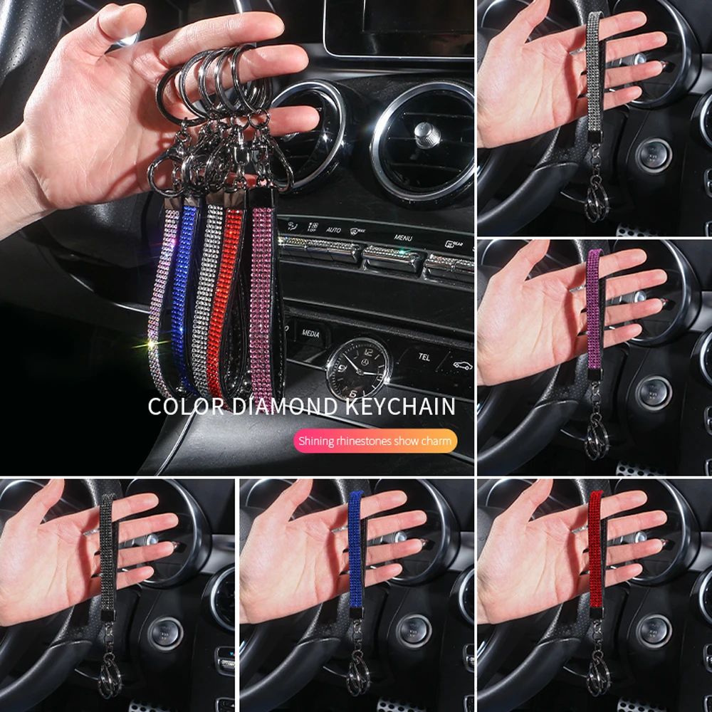 Universal Luxury Car Keychain Lanyard Crystal Rhinestone Mobile Phone Neck Strap Key Ring Holder Bling Car Accessories for Woman