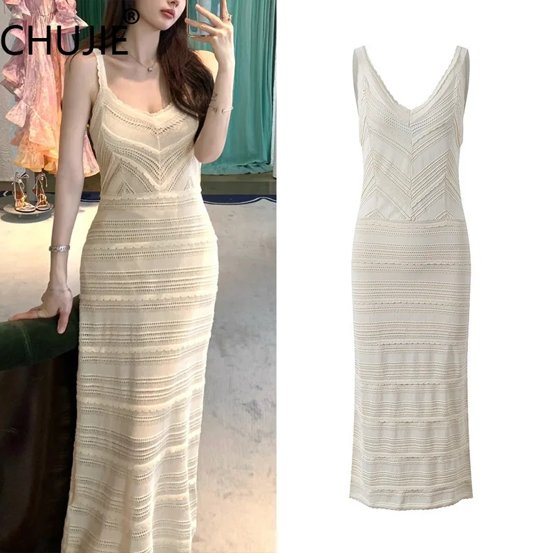 

CHUJIE 2025 Summer French Style Dress - Hollow Out V-Neck Sleeveless Maxi, Slim Fit Waist, Midi Strap Dress