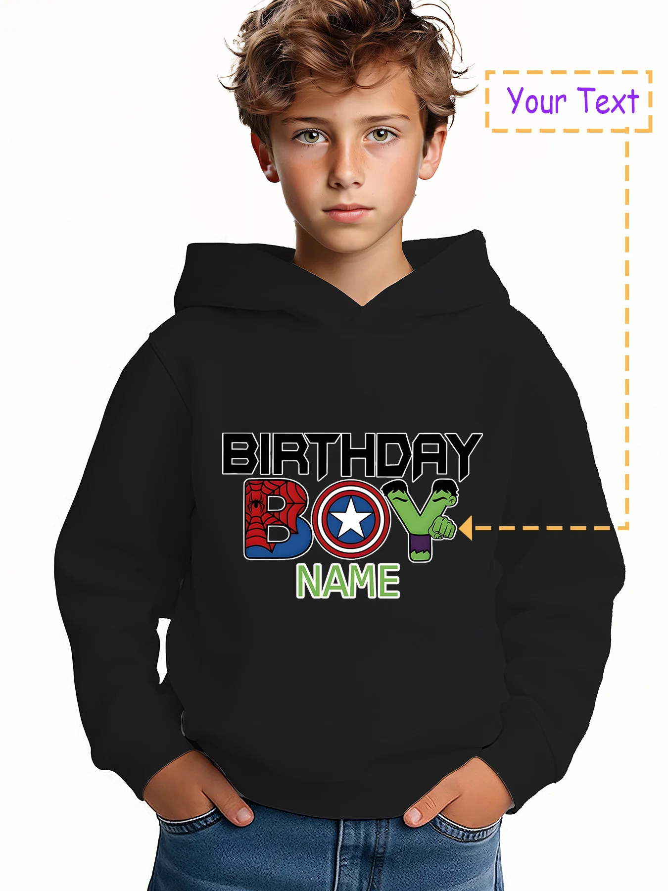 

MINISO Marvel Birthday Theme Hoodie - "Birthday Boy" with Avengers heroes, birthday exclusive style, birthday party, commemorati
