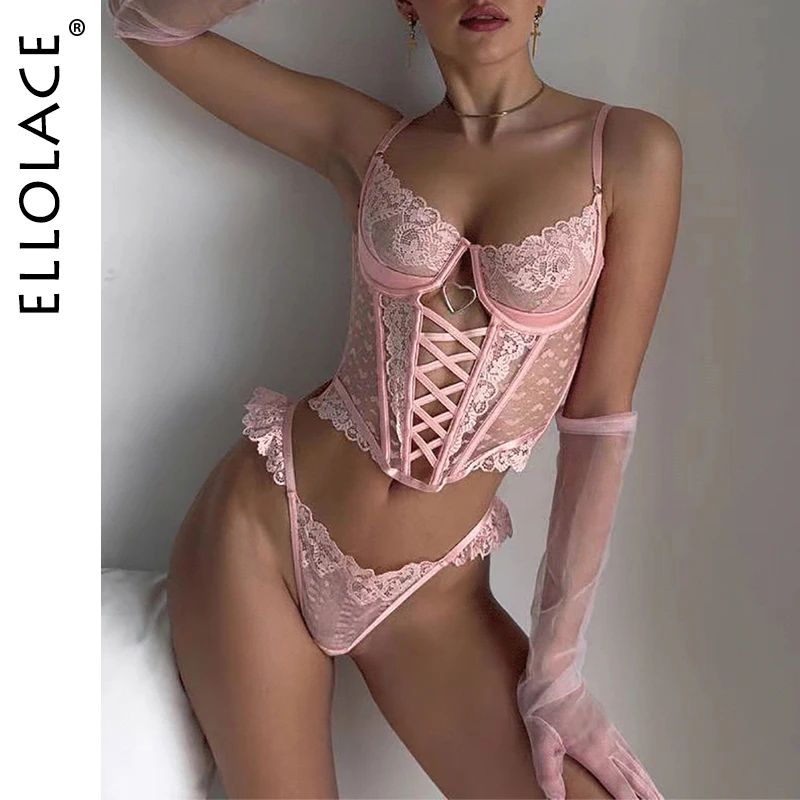 

Ellolace Sissy Lingeries Sexy Hot Sweet Heart-Shaped Lace Push Up Corset Thong Bilizna Set Pure Desire Women's Ethical Underwear