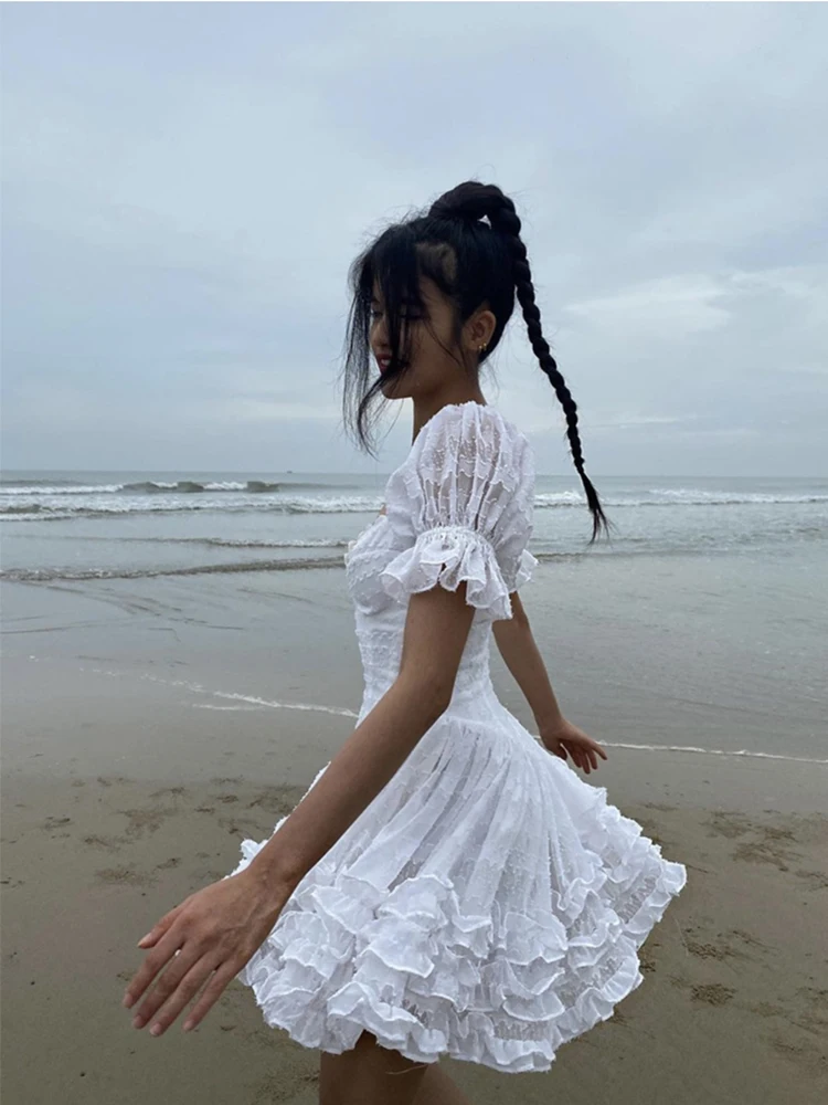 CHEERART Puff Sleeve Backless White Corset Dress For Women Summer 2023 Square Neck Tunics Ball Gown Mini Luxury Dress