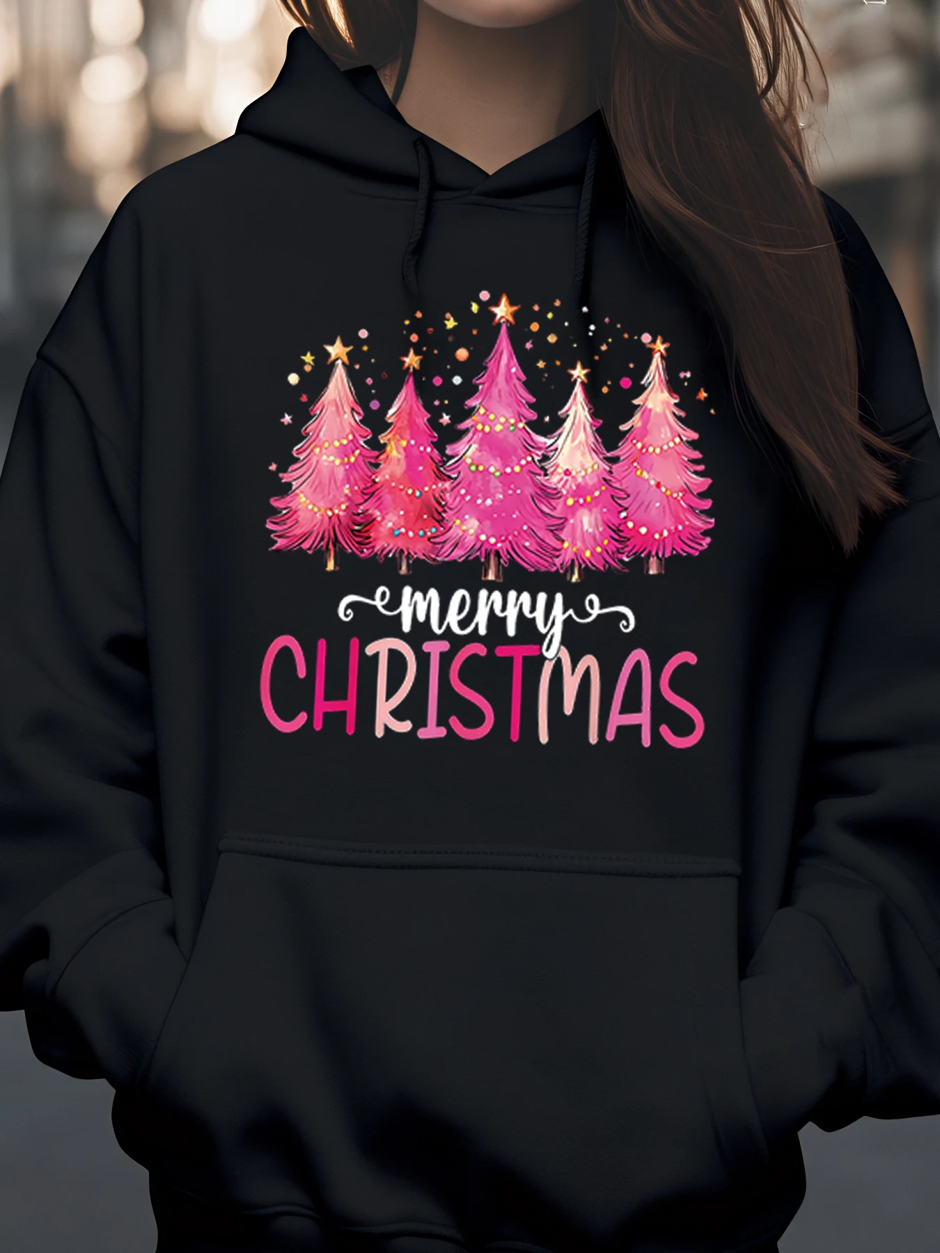 

Розовые рождественские елки, толстовка с капюшоном с Рождеством, праздничная одежда, женская повседневная толстовка