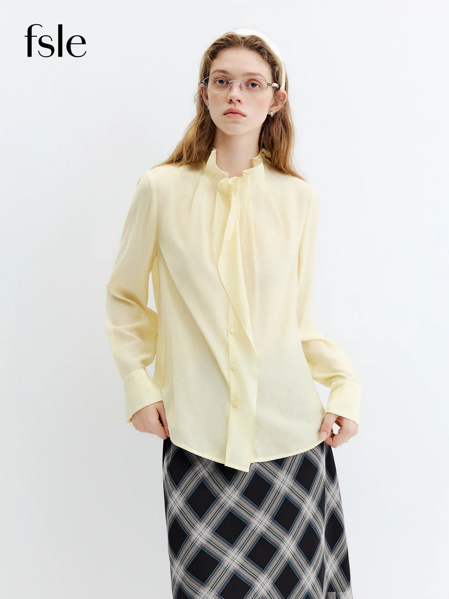 FSLE Women's 2026 Autumn New Arrival Women's Stand Collar Shirts Lyocell Acetate Blouse with Ruffle Trim Long Sleeve Commute Top