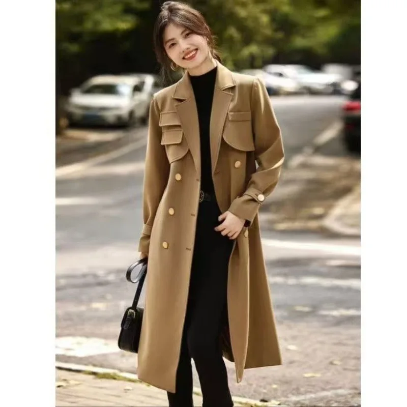 

female French fashion trench coat 2026 autumn women's new mid-length trench coat women front shoulder temperament loose coat