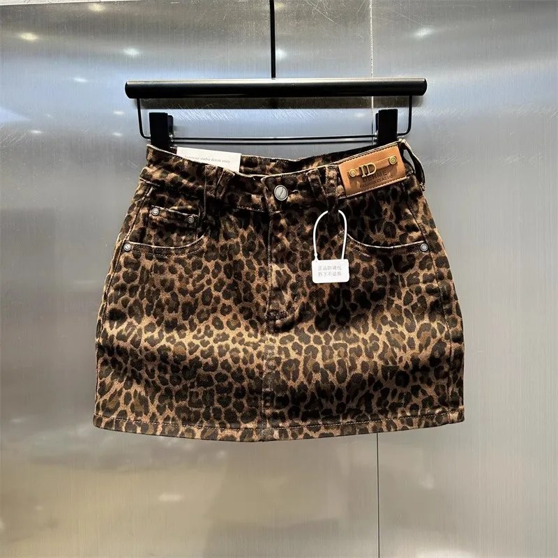 

American High Street Elastic Coffee Color Leopard Print Denim Skirt Women's Fashion Spring Autumn New Style Short Skirt