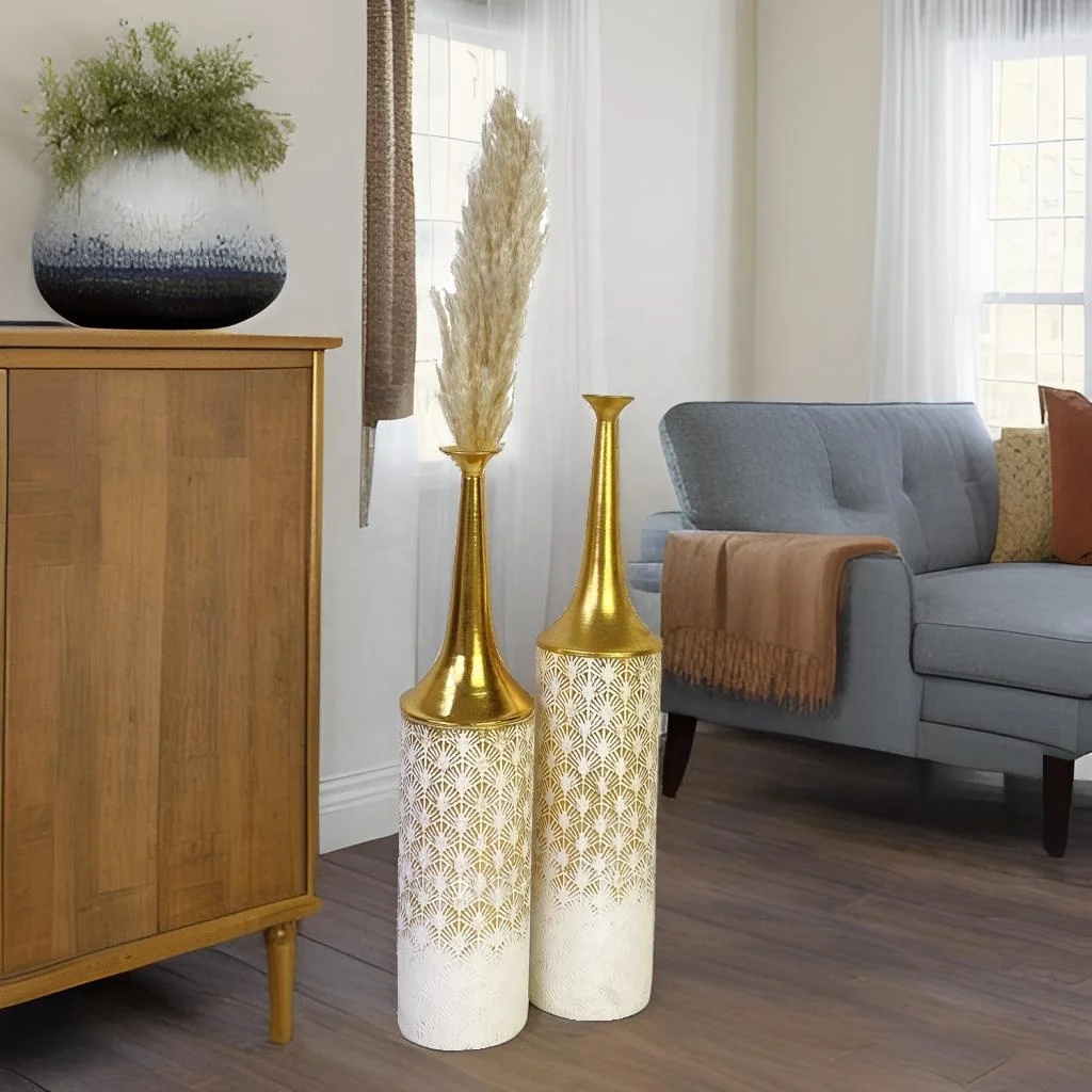 Set of 2 Rustic Coastal Large Vintage Gold Metal Flower Vase Floor Vases for Living Room